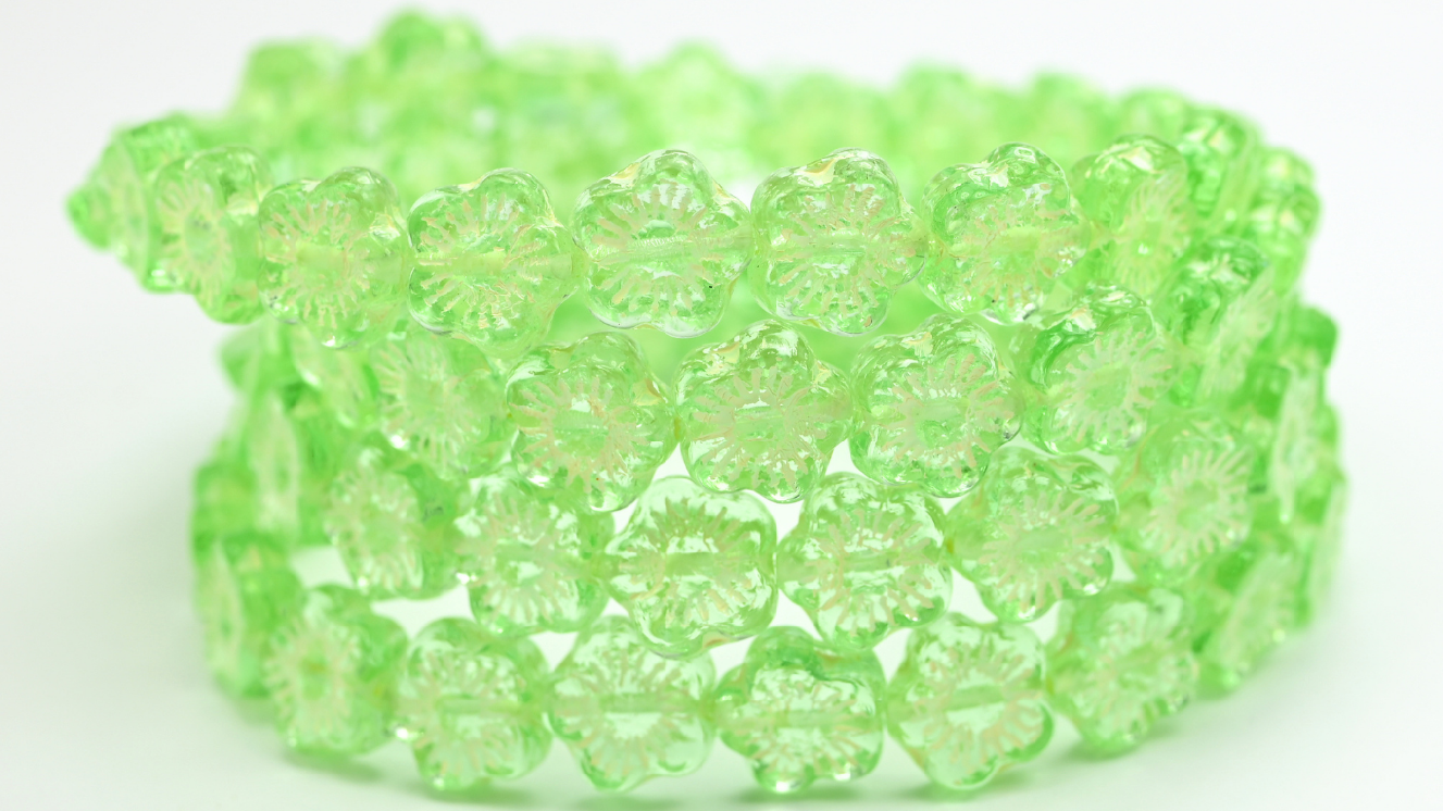 Pressed Beads, Transparent Green Beige Lined (10-50500-54311), Glass, Czech Republic ~ STRANDED