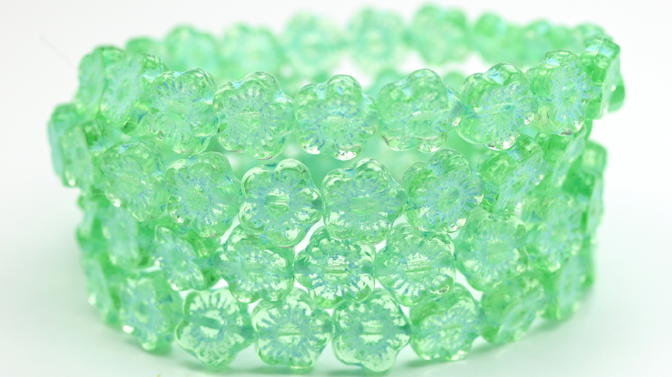 Pressed Beads, Transparent Green Light Blue Lined (10-50500-54308), Glass, Czech Republic ~ STRANDED