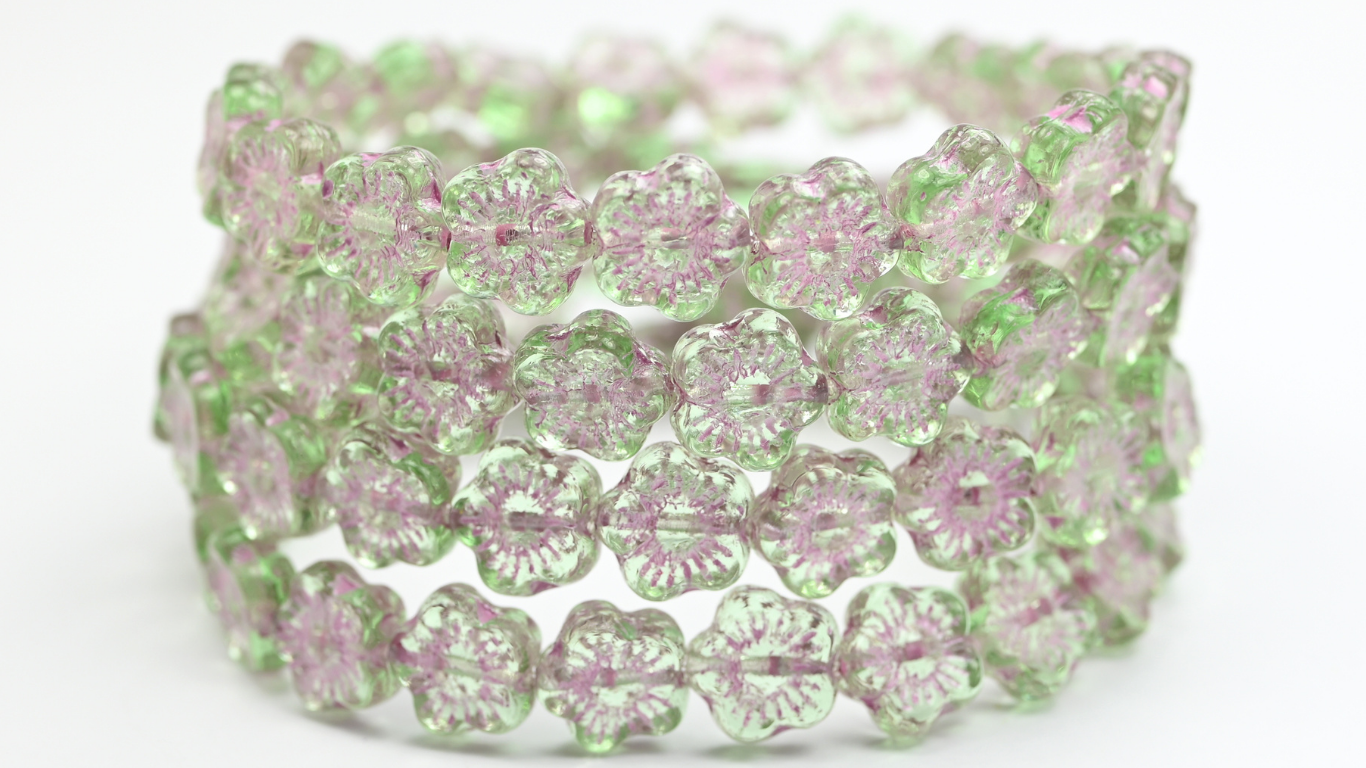 Pressed Beads, Transparent Green Pink Lined (10-50500-54321), Glass, Czech Republic ~ STRANDED