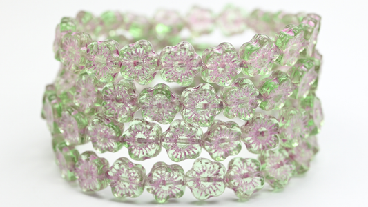 Pressed Beads, Transparent Green Pink Lined (10-50500-54321), Glass, Czech Republic ~ STRANDED