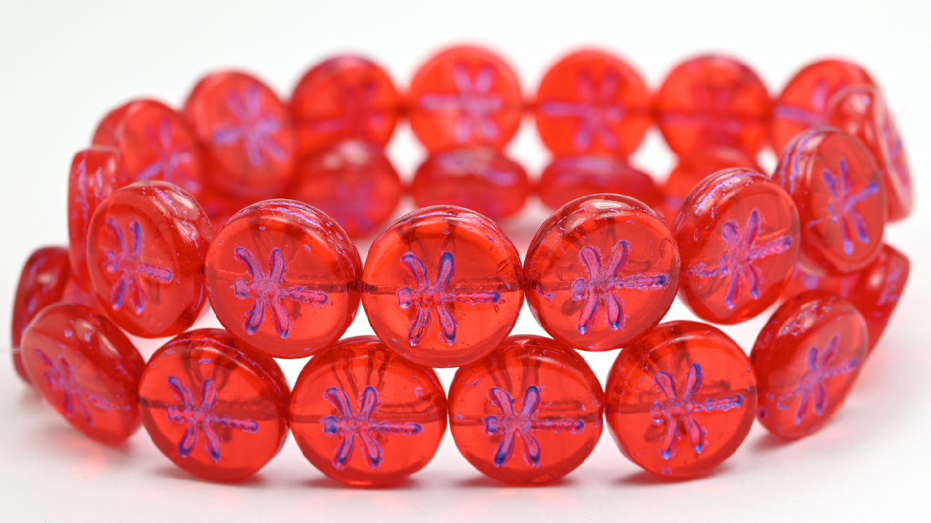 Round Flat Wit Dragonfly Pressed Glass Beads, Transparent Red Blue Purple Lined (90060-43809), Glass, Czech Republic ~ STRANDED