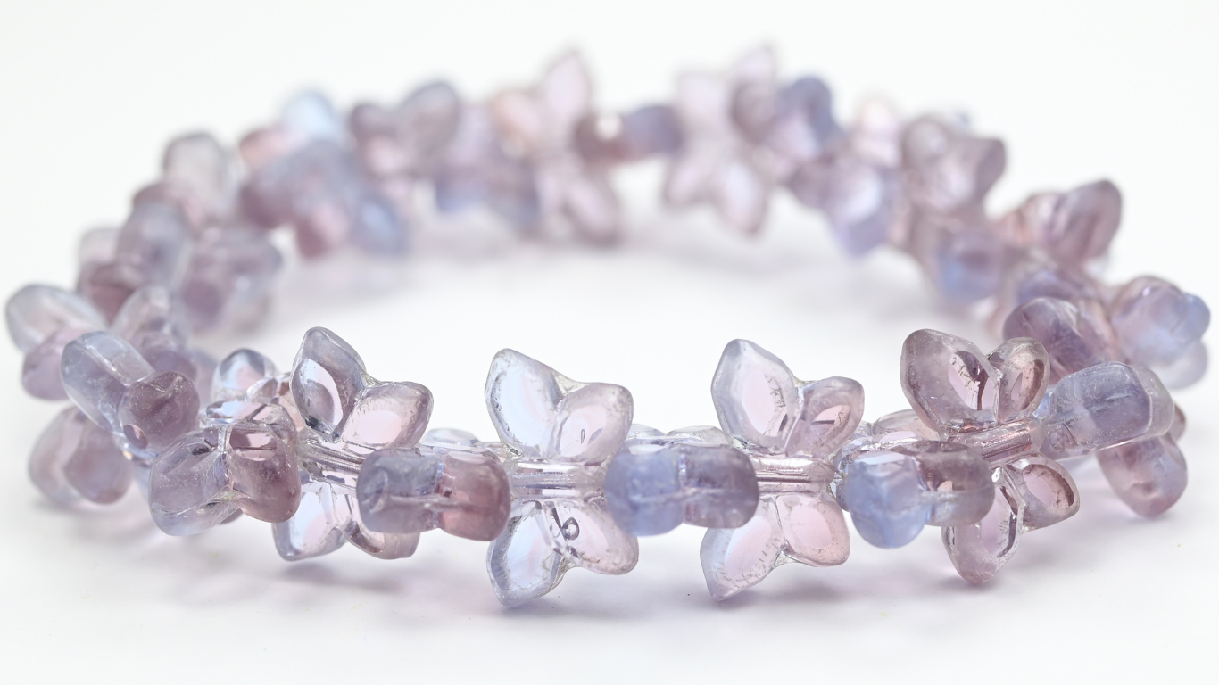Table Cut Butterfly Beads, Transparent Light Amethyst Transparent Blue Hematite (20030-30020-14400), Glass, Czech Republic ~ STRANDED