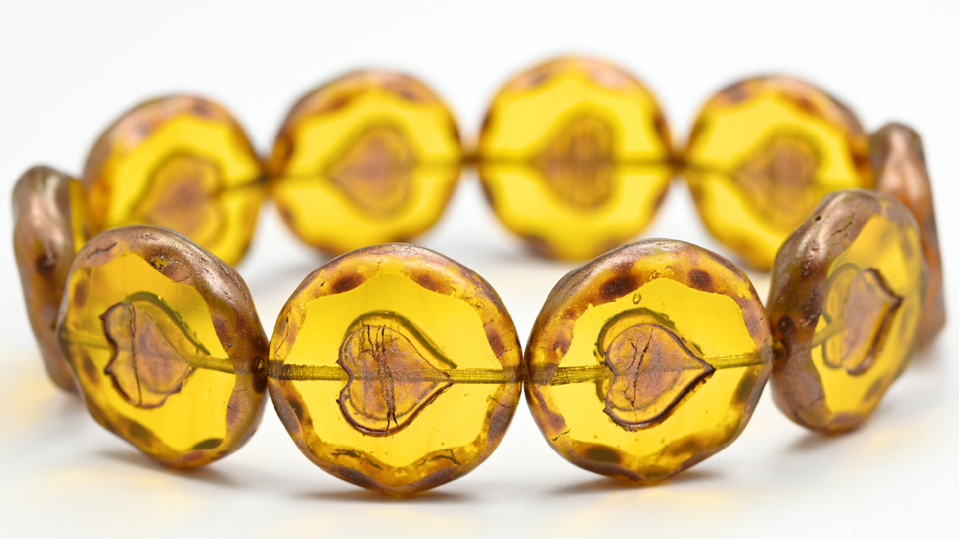 Table Cut Round Beads With Heart, Transparent Yellow Copper Splash (80040-86750), Glass, Czech Republic ~ STRANDED