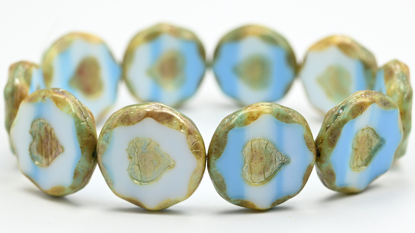Table Cut Round Beads With Heart, Blue White Rembrandt Travertin (07624-43500), Glass, Czech Republic ~ STRANDED
