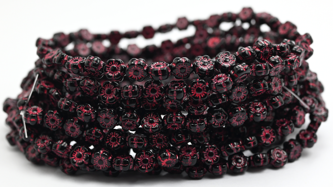 Hawaii Flower Pressed Glass Beads, Black 47590 (23980-47590), Glass, Czech Republic ~ STRANDED