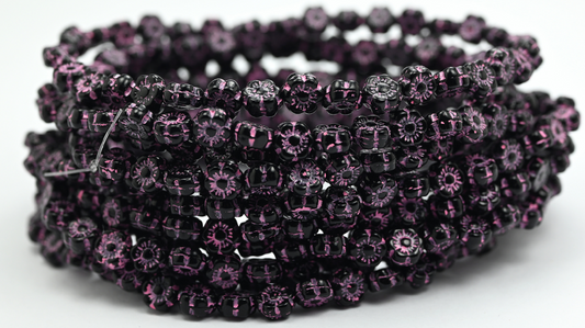 Hawaii Flower Pressed Glass Beads, Black 47570 (23980-47570), Glass, Czech Republic ~ STRANDED