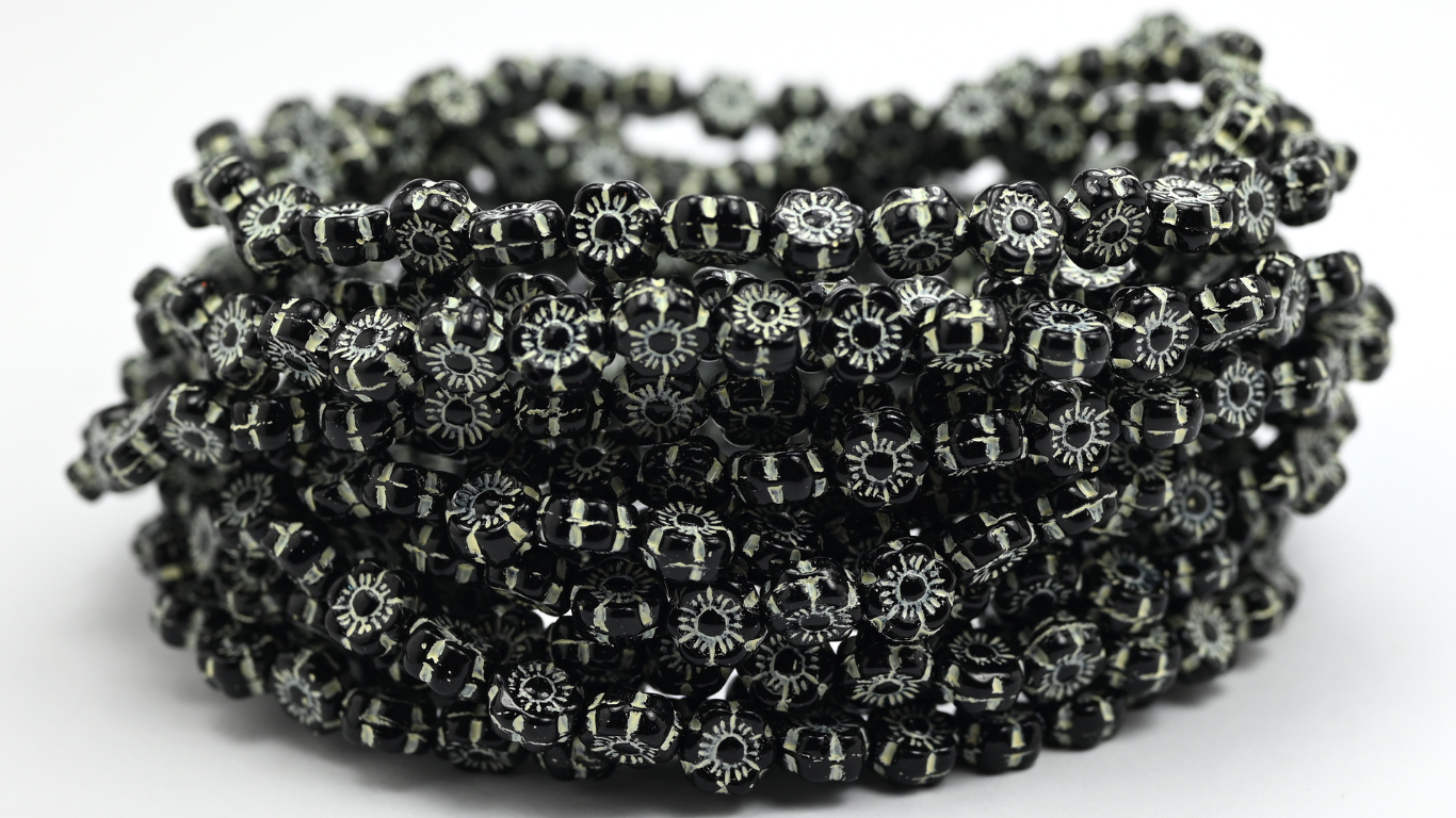 Hawaii Flower Pressed Glass Beads, Black Beige Lined (23980-54311), Glass, Czech Republic ~ STRANDED