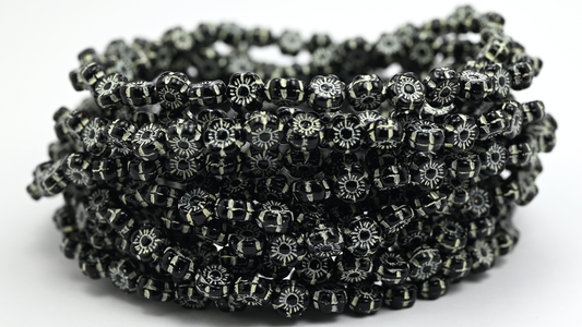 Hawaii Flower Pressed Glass Beads, Black Beige Lined (23980-54311), Glass, Czech Republic ~ STRANDED
