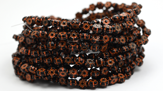 Hawaii Flower Pressed Glass Beads, Black 47589 (23980-47589), Glass, Czech Republic ~ STRANDED
