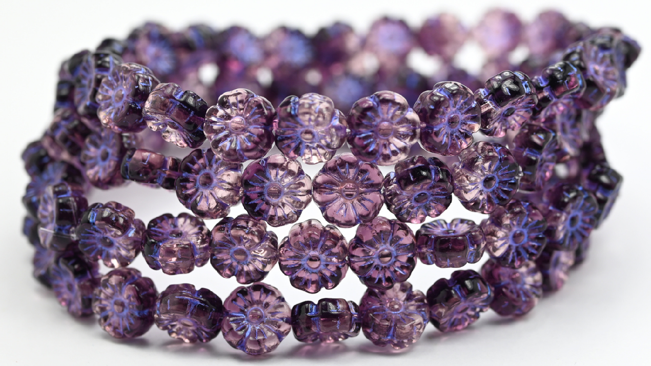 Hawaii Flower Pressed Glass Beads, Transparent Light Amethyst Blue Purple Lined (2002008-43809), Glass, Czech Republic ~ STRANDED