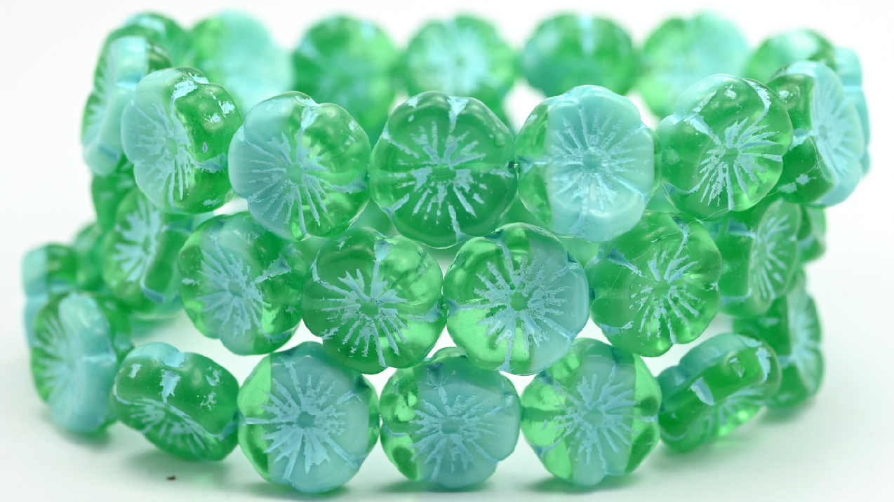 Hawaii Flower Pressed Glass Beads, 5060054210 Light Blue Lined (5060054210-54308), Glass, Czech Republic ~ STRANDED