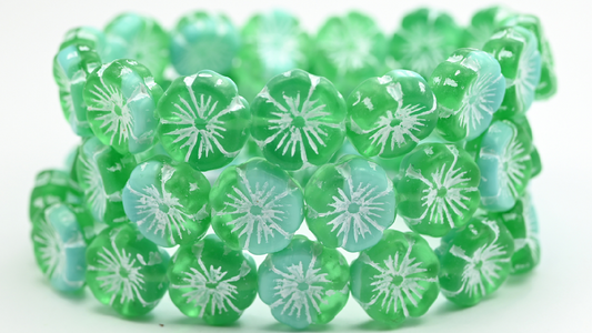 Hawaii Flower Pressed Glass Beads, 5060054210 White Lined (5060054210-54312), Glass, Czech Republic ~ STRANDED