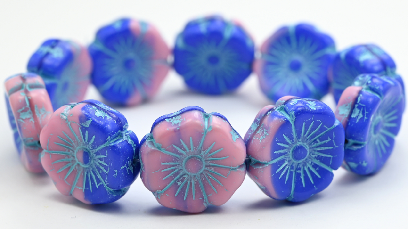 Hawaii Flower Pressed Glass Beads, 340107401 Light Blue Lined (340107401-54308), Glass, Czech Republic ~ STRANDED