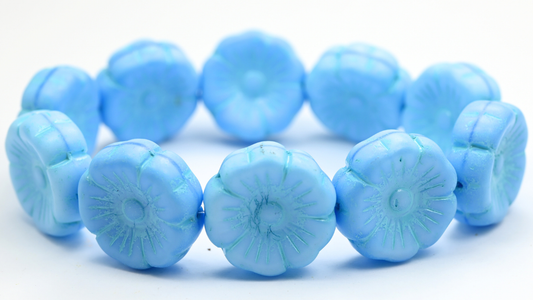 Hawaii Flower Pressed Glass Beads, Silky Blue Light Blue Lined (64010-54308), Glass, Czech Republic ~ STRANDED