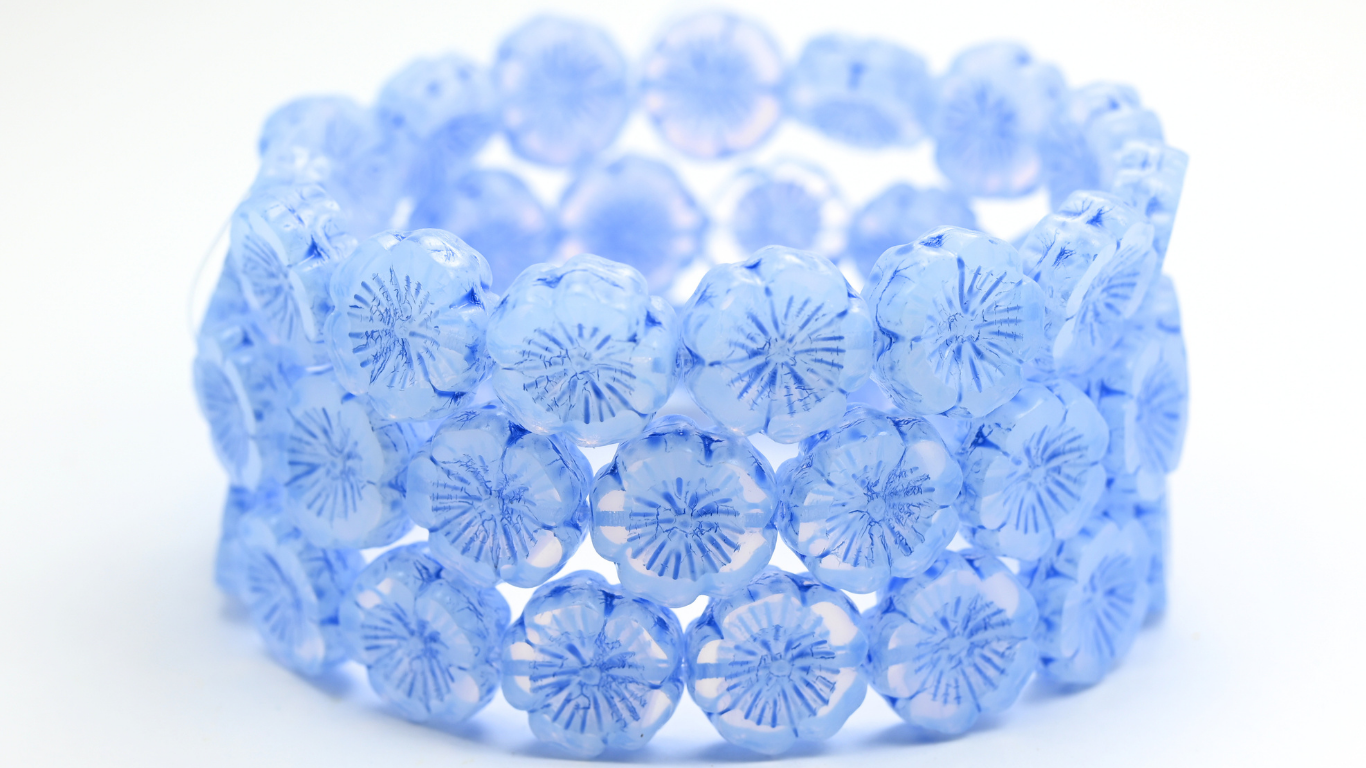 Table Cut Round Beads Hawaii Flowers, Opal White Blue Spotted (01000-33308), Glass, Czech Republic ~ STRANDED