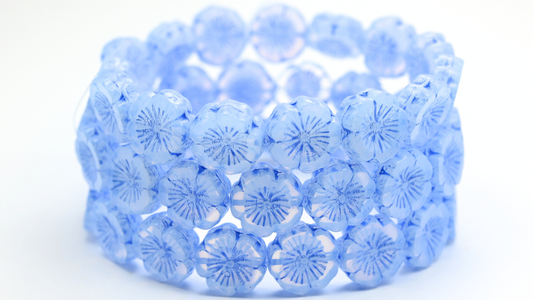 Table Cut Round Beads Hawaii Flowers, Opal White Blue Spotted (01000-33308), Glass, Czech Republic ~ STRANDED