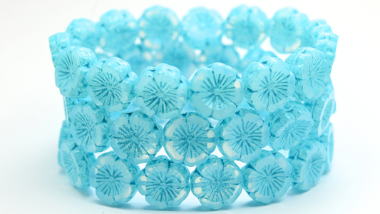 Table Cut Round Beads Hawaii Flowers, Opal White Turqouise Spotted (01000-33309), Glass, Czech Republic ~ STRANDED