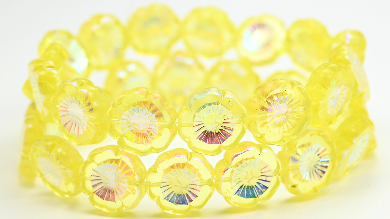 Table Cut Round Beads Hawaii Flowers, Transparent Yellow A 2X (80120-A-2X), Glass, Czech Republic ~ STRANDED