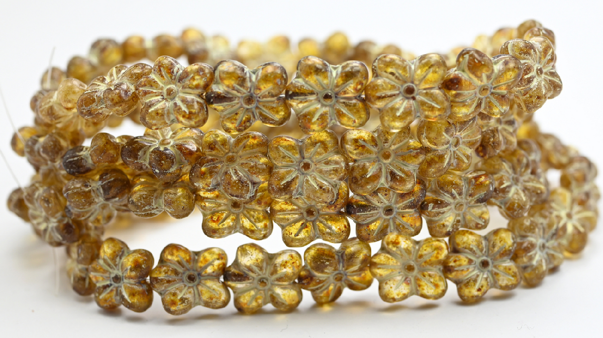 Flower Pressed Glass Beads, Crystal Travertin Beige Lined (1412-00030-86-54311), Glass, Czech Republic ~ STRANDED