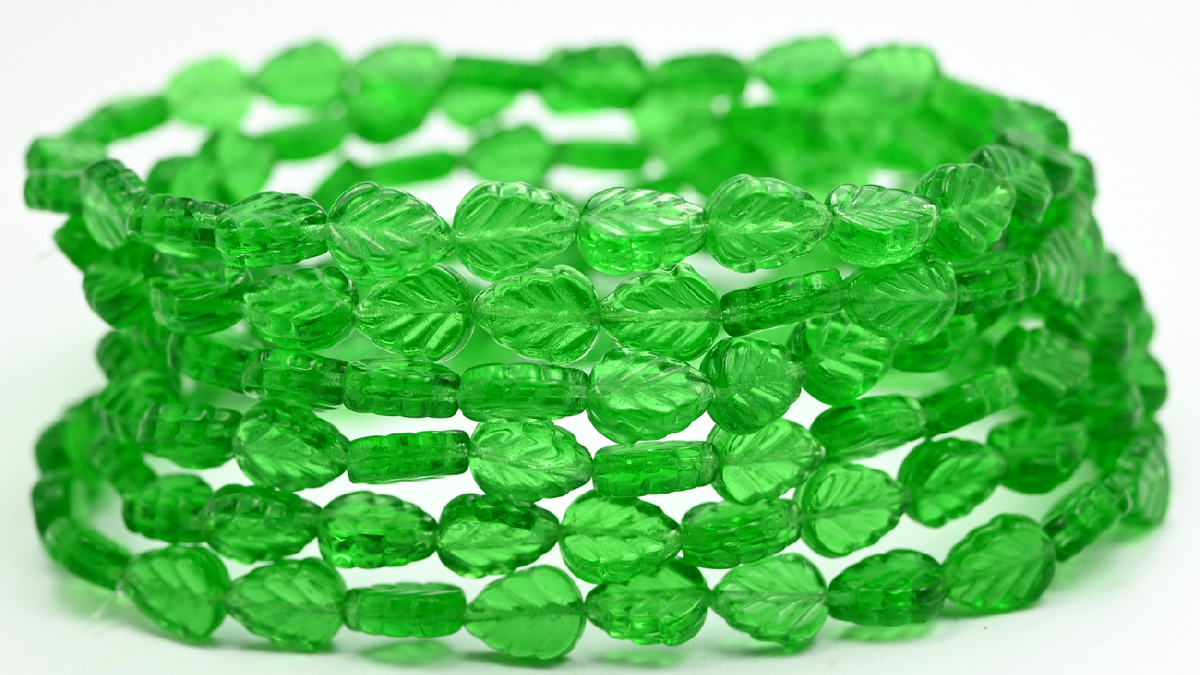 Lilac Leaf Pressed Glass Beads, Emerald Green (108-50120), Glass, Czech Republic ~ STRANDED