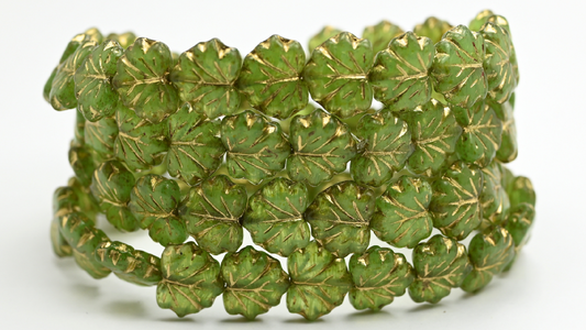 Maple Leaf Beads, Opal Green Travertin Gold Lined (1311-51010-86-54202), Glass, Czech Republic ~ STRANDED