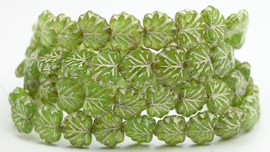 Maple Leaf Beads, Opal Green Travertin Beige Lined (1311-51010-86-54311), Glass, Czech Republic ~ STRANDED