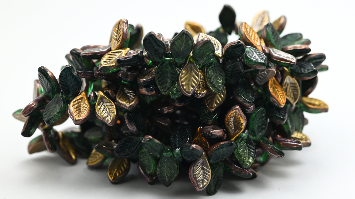 Elm Leaf Pressed Glass Beads, 50600 Rose Gold Capri (126-50600-27101), Glass, Czech Republic ~ STRANDED