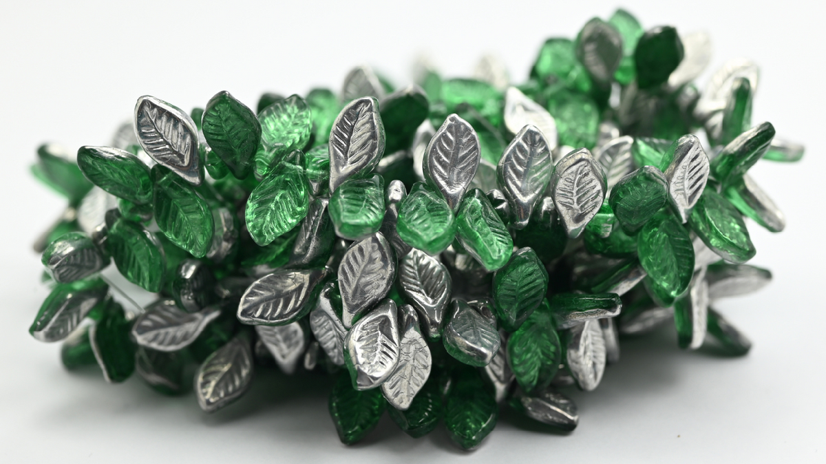 Elm Leaf Pressed Glass Beads, 50600 Crystal Silver Half Coating (126-50600-27001), Glass, Czech Republic ~ STRANDED