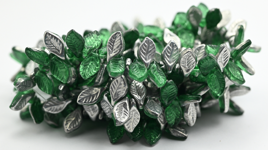 Elm Leaf Pressed Glass Beads, 50600 Crystal Silver Half Coating (126-50600-27001), Glass, Czech Republic ~ STRANDED