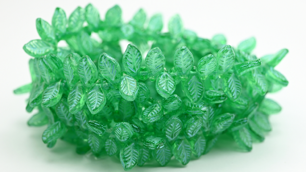 Elm Leaf Pressed Glass Beads, 50600 Light Blue Lined (126-50600-54308), Glass, Czech Republic ~ STRANDED
