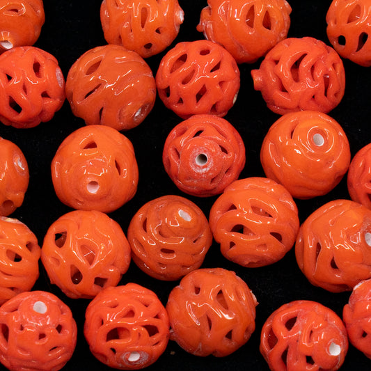 VINTAGE OUTLET 1 pc Lampwork LACE Handmade Round Beads, 11 x 11 mm, Coral Orange, Glass, Czech Republic, Antique Beads