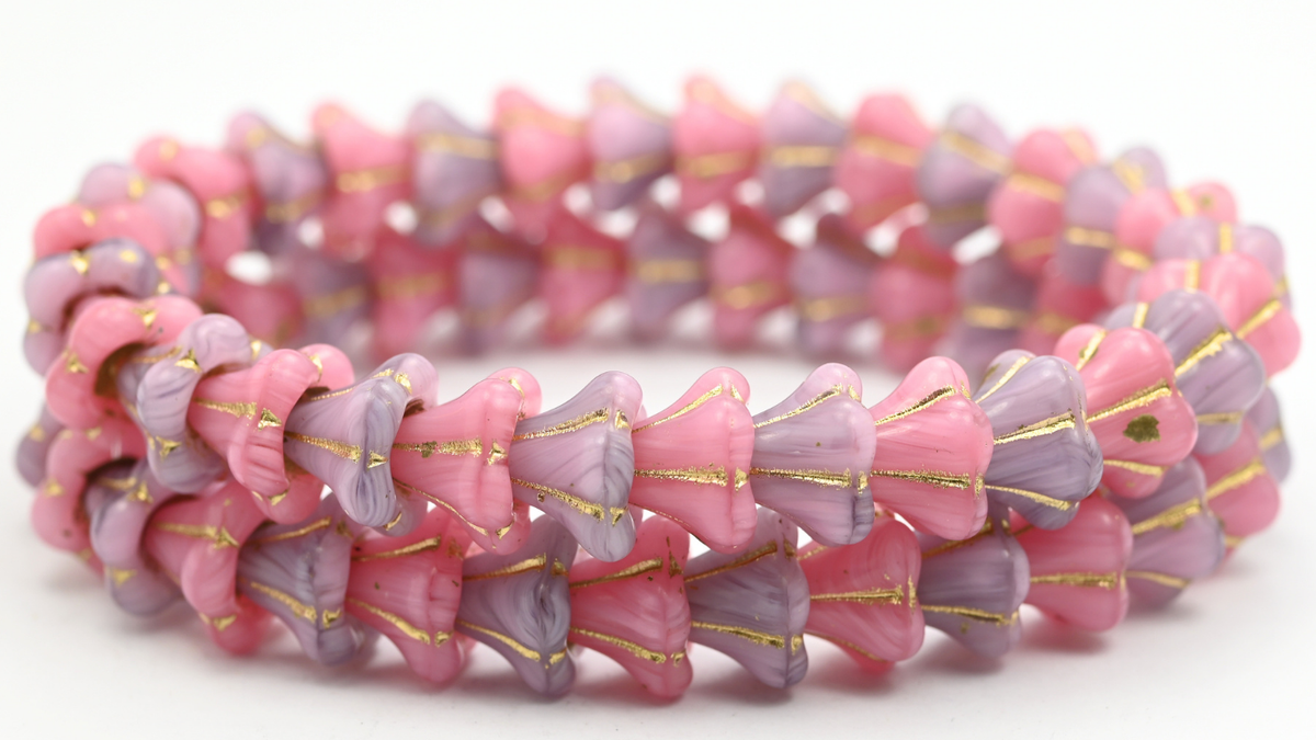 Bell Flower Pressed Glass Beads, Mixed Colors Pink Gold Lined (MIX-PINK-54202), Glass, Czech Republic ~ STRANDED