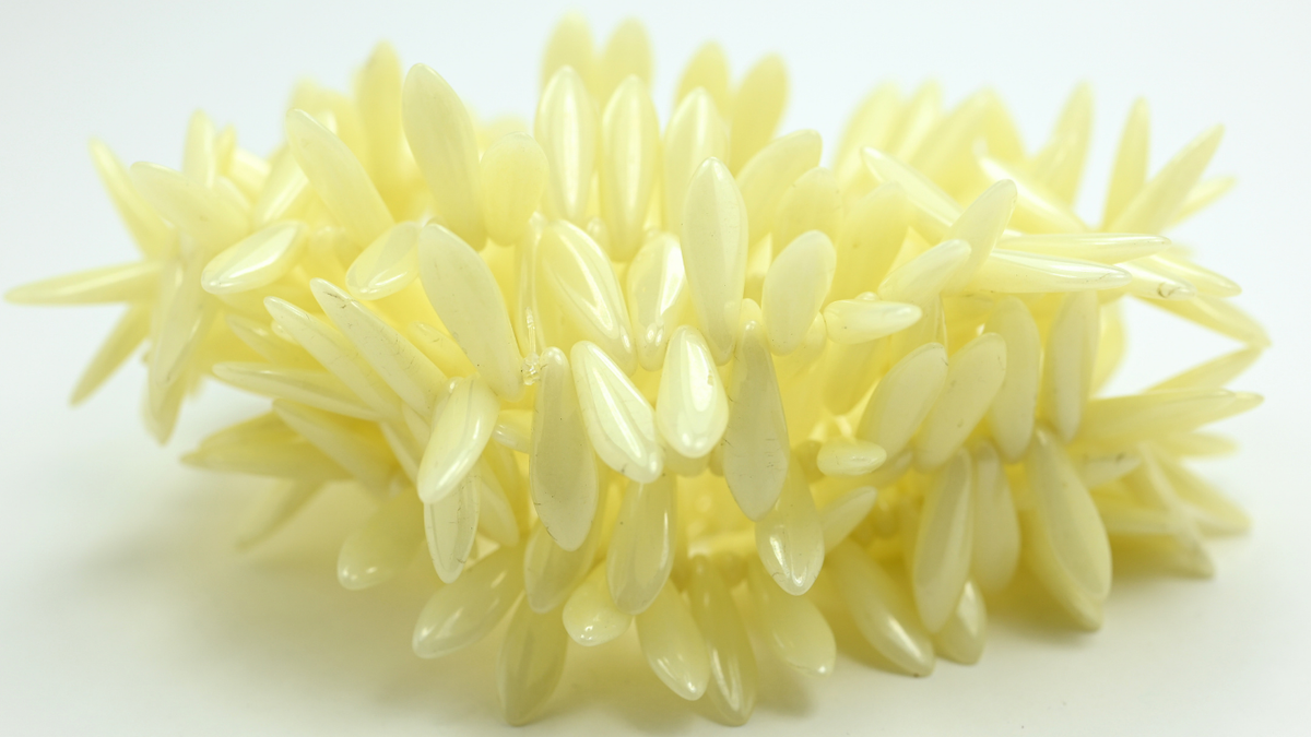 Dagger Pressed Glass Beads, Opal White Luster Yellow Full Coated (516-01000-14483), Glass, Czech Republic ~ STRANDED