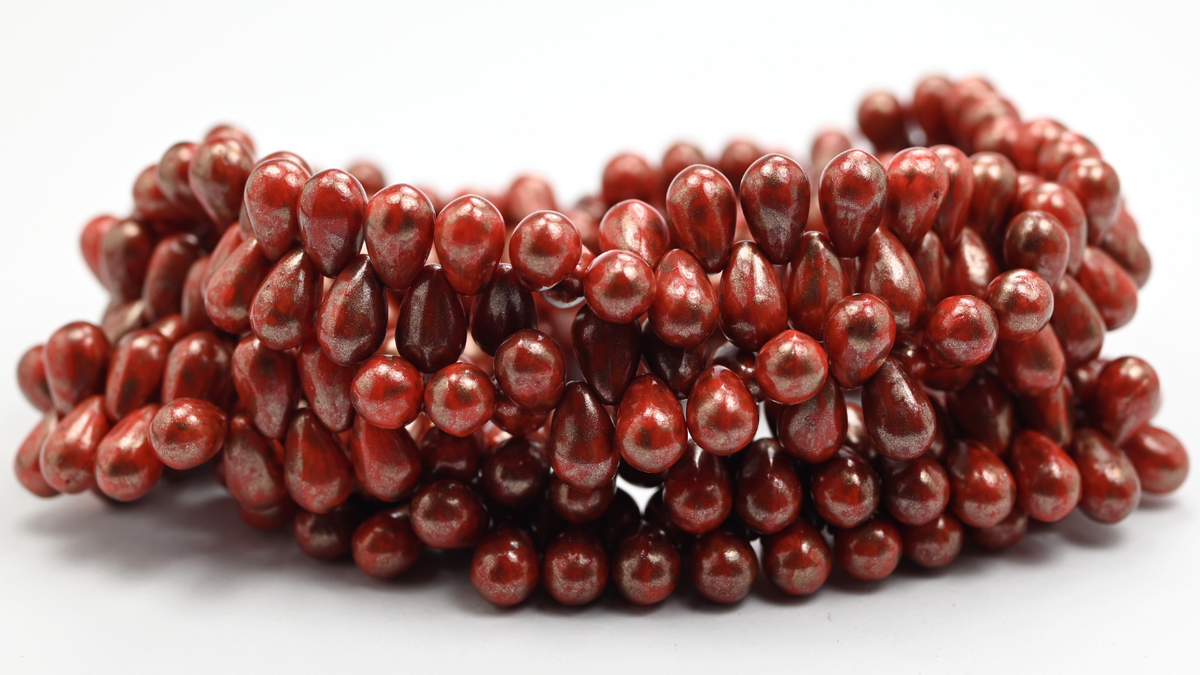Pear Teardrop Pressed Glass Beads, Red Copper Splash (69-96026-86750), Glass, Czech Republic ~ STRANDED