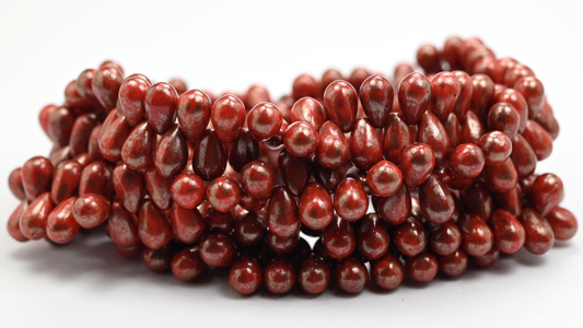 Pear Teardrop Pressed Glass Beads, Red Copper Splash (69-96026-86750), Glass, Czech Republic ~ STRANDED