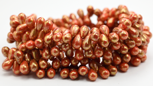 Pear Teardrop Pressed Glass Beads, Red Gold Splash (69-96026-86720), Glass, Czech Republic ~ STRANDED