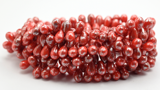 Pear Teardrop Pressed Glass Beads, Red Silver Splash (69-96026-86700), Glass, Czech Republic ~ STRANDED