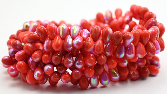 Pear Teardrop Pressed Glass Beads, Red Ab (69-96026-AB), Glass, Czech Republic ~ STRANDED