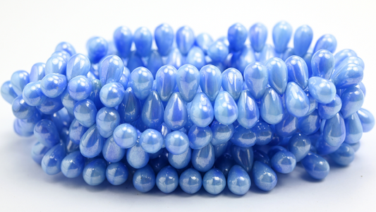 Pear Teardrop Pressed Glass Beads, Blue Hematite (69-6300033040-14400), Glass, Czech Republic ~ STRANDED