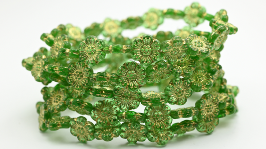 Flower Pressed Glass Beads, Emerald Green Gold Lined (14-50120-54202), Glass, Czech Republic ~ STRANDED