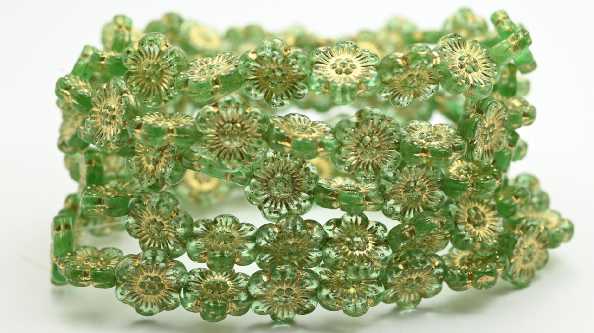 Flower Pressed Glass Beads, Transparent Green Gold Lined (14-50800-54202), Glass, Czech Republic ~ STRANDED