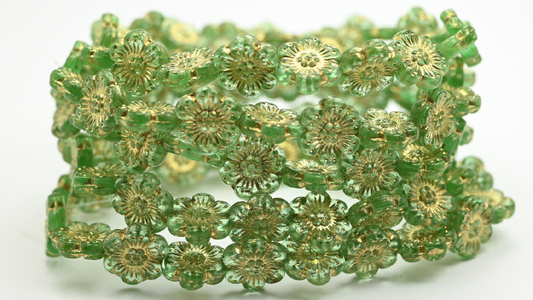 Flower Pressed Glass Beads, Transparent Green Gold Lined (14-50800-54202), Glass, Czech Republic ~ STRANDED