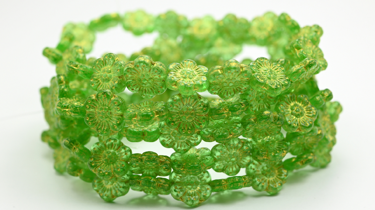 Flower Pressed Glass Beads, Emerald Green 54320 (14-50120-54320), Glass, Czech Republic ~ STRANDED