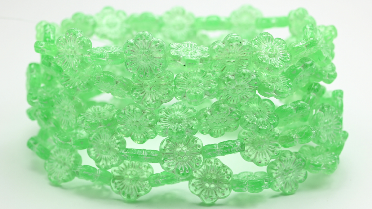 Flower Pressed Glass Beads, Transparent Green White Lined (14-50800-54312), Glass, Czech Republic ~ STRANDED
