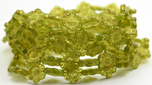 Flower Pressed Glass Beads, Transparent Green 54320 (14-50220-54320), Glass, Czech Republic ~ STRANDED