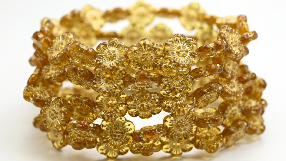 Flower Pressed Glass Beads, Transparent Light Topaz Yellow Gold Lined (10020B-54202), Glass, Czech Republic ~ STRANDED