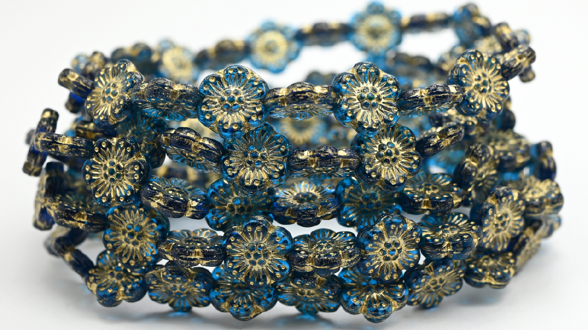 Flower Pressed Glass Beads, Transparent Aqua Gold Lined (14-60080-54202), Glass, Czech Republic ~ STRANDED