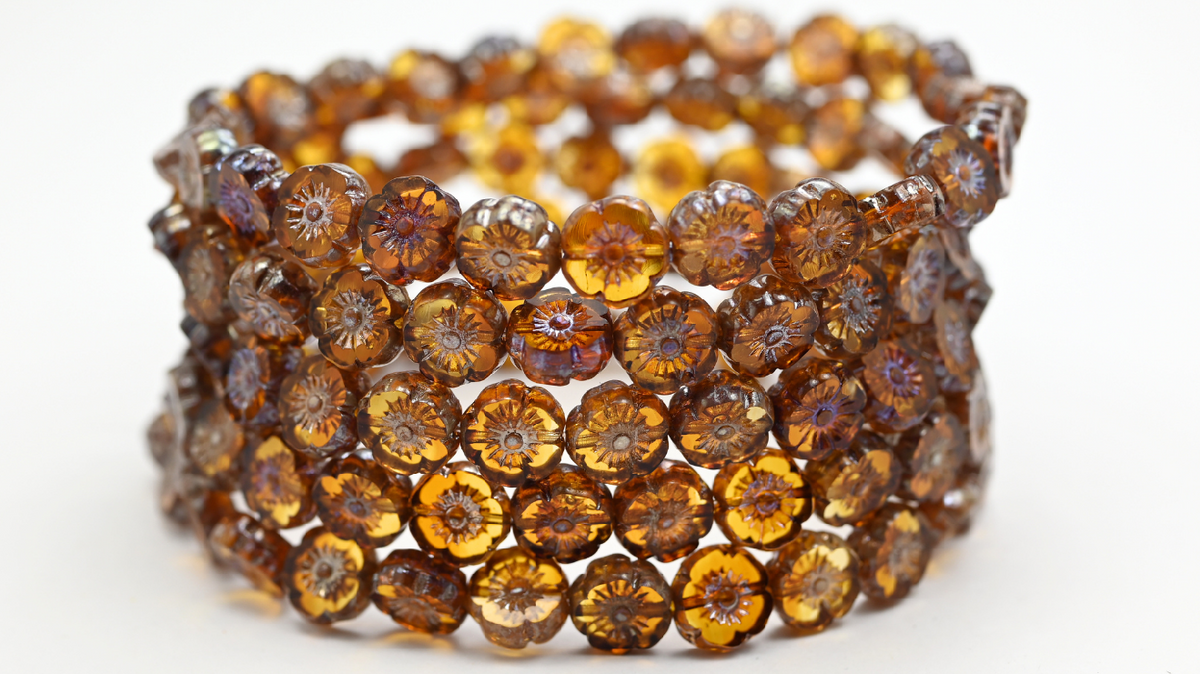 Table Cut Round Beads Hawaii Flowers, Transparent Light Topaz Yellow Rembrandt Travertin (1002008-43500), Glass, Czech Republic ~ STRANDED