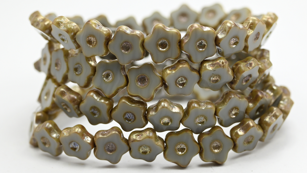 Table Cut Flower Beads With Dot, Opaque Gray Rembrandt Travertin (43020-43500), Glass, Czech Republic ~ STRANDED