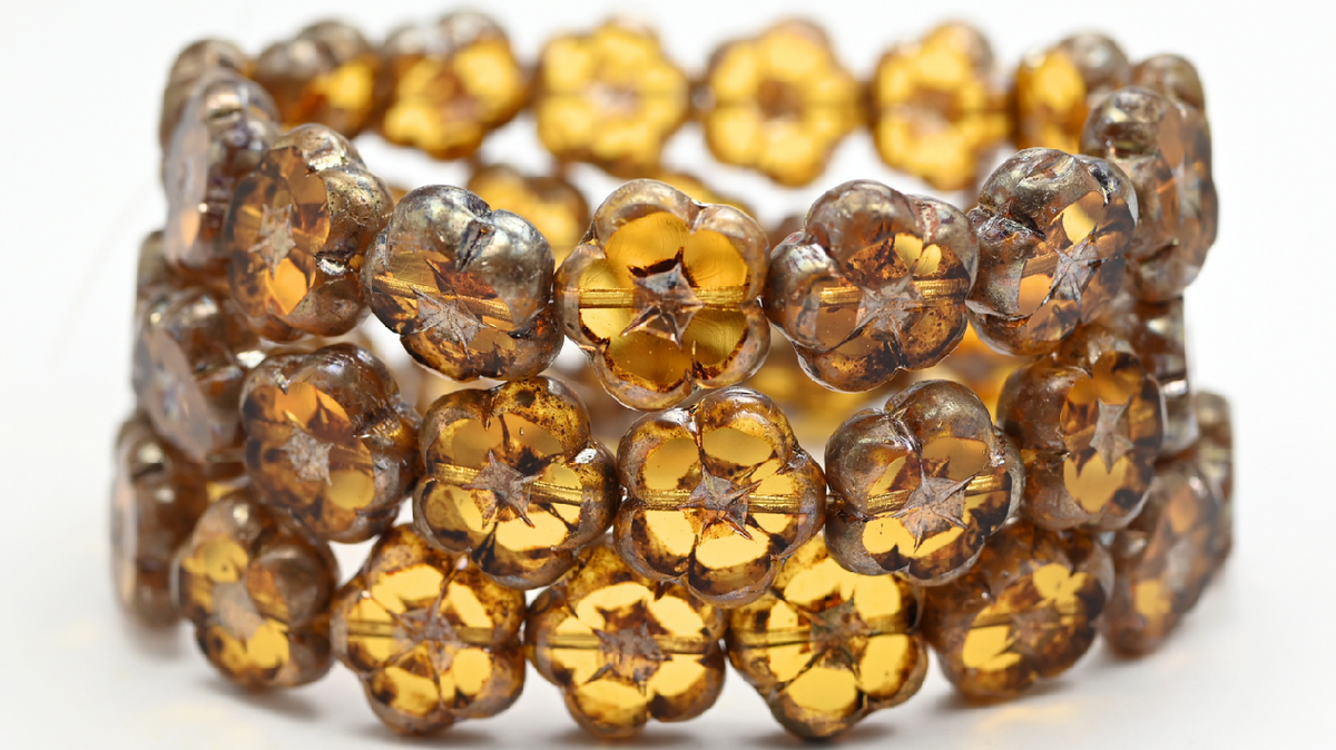 Table Cut Flower Beads, Transparent Orange Picasso (10050-43400), Glass, Czech Republic ~ STRANDED